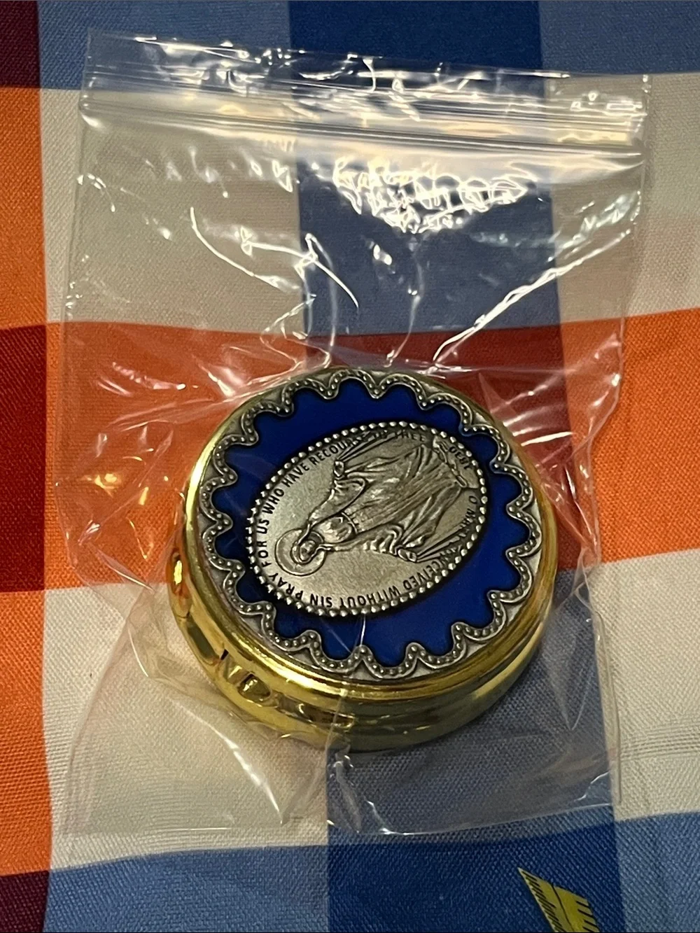 Blue and Gold Decorative Trinket Box with Religious Medallion Accent